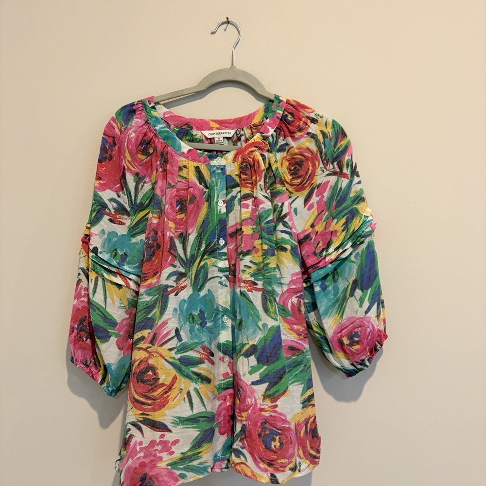Pink Bright Watercolor floral  Button Up Women's